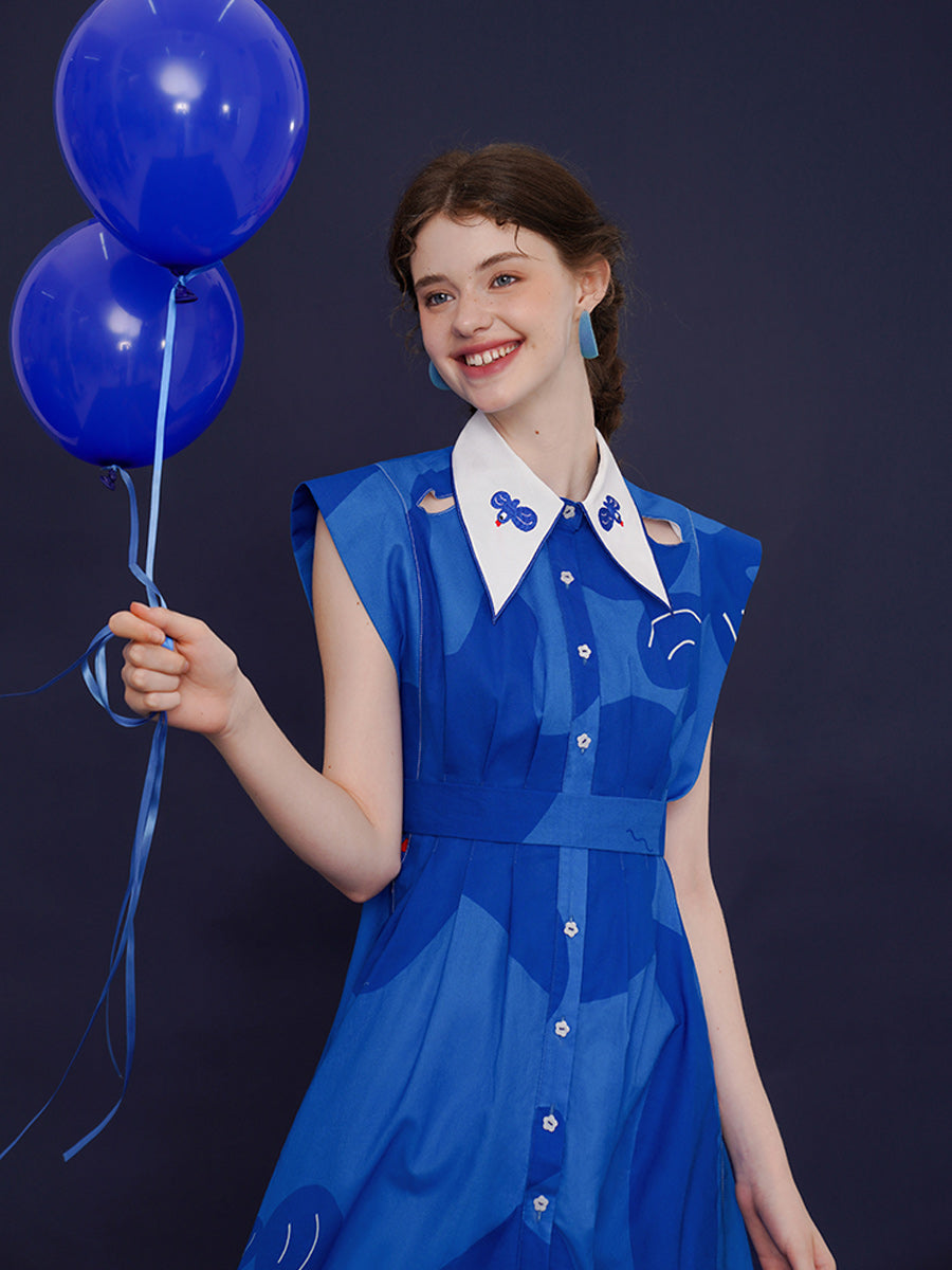 Original French Retro Bird Graffiti Printed Sleeveless Dress, Women's Blue Long Dress, Stylish and Slimming Skirt