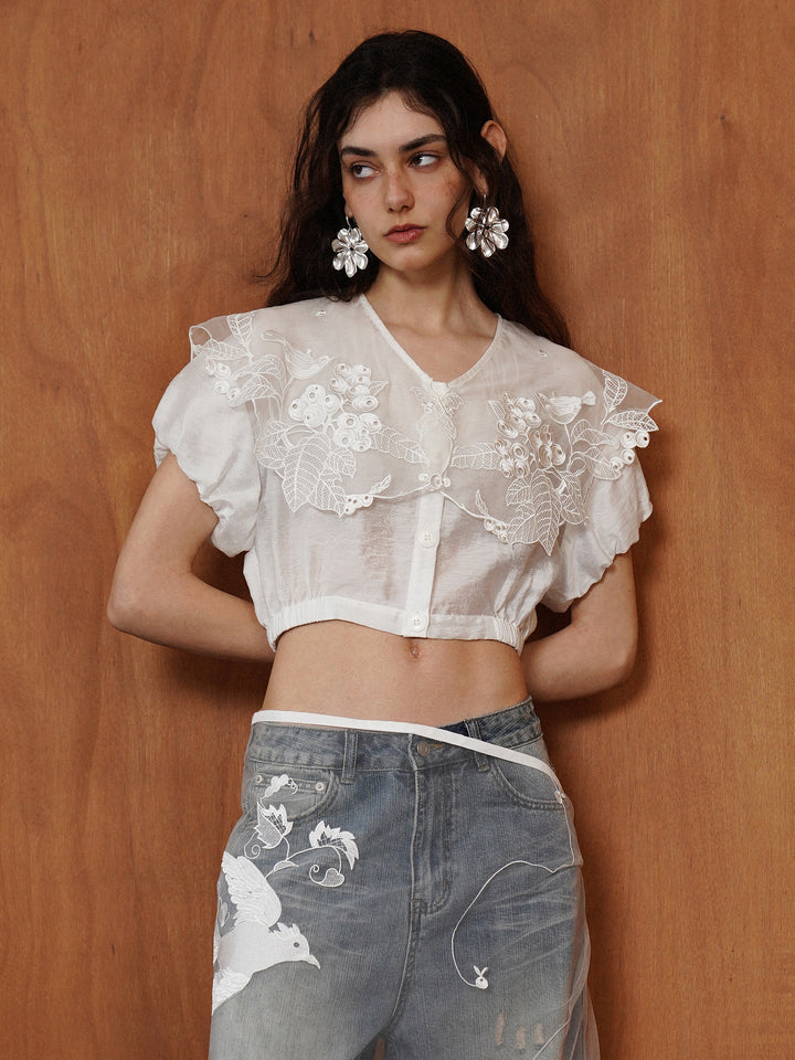 French Vintage Intricate Embroidered Lace Shirt