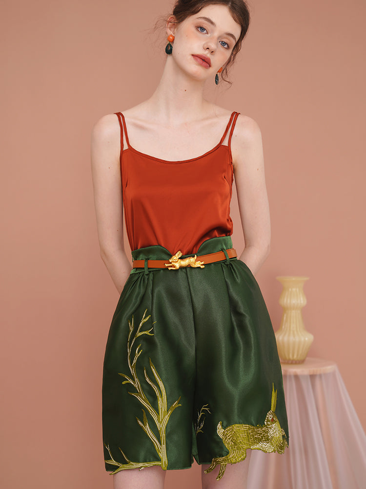 Whimsical Rabbit Tailored Bermuda Shorts - Slimming High-Waist Embroidered Casual Pants