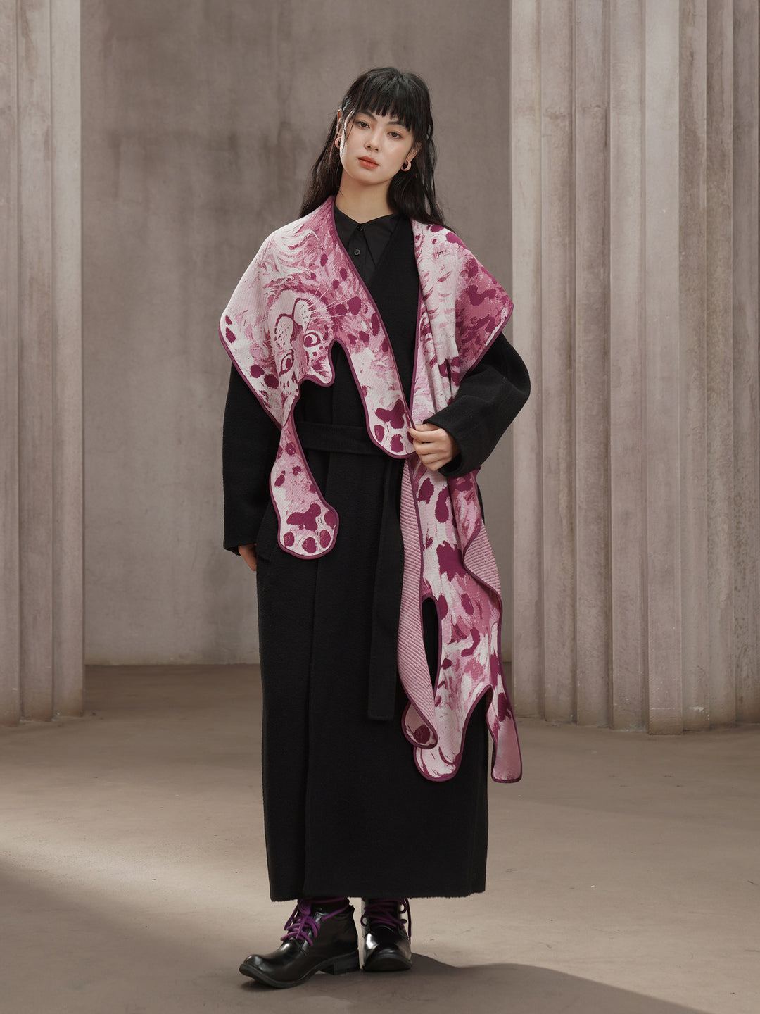 Pink Panther Blended Wool Big Shawl - Retro Knitted Animal Cape Scarf