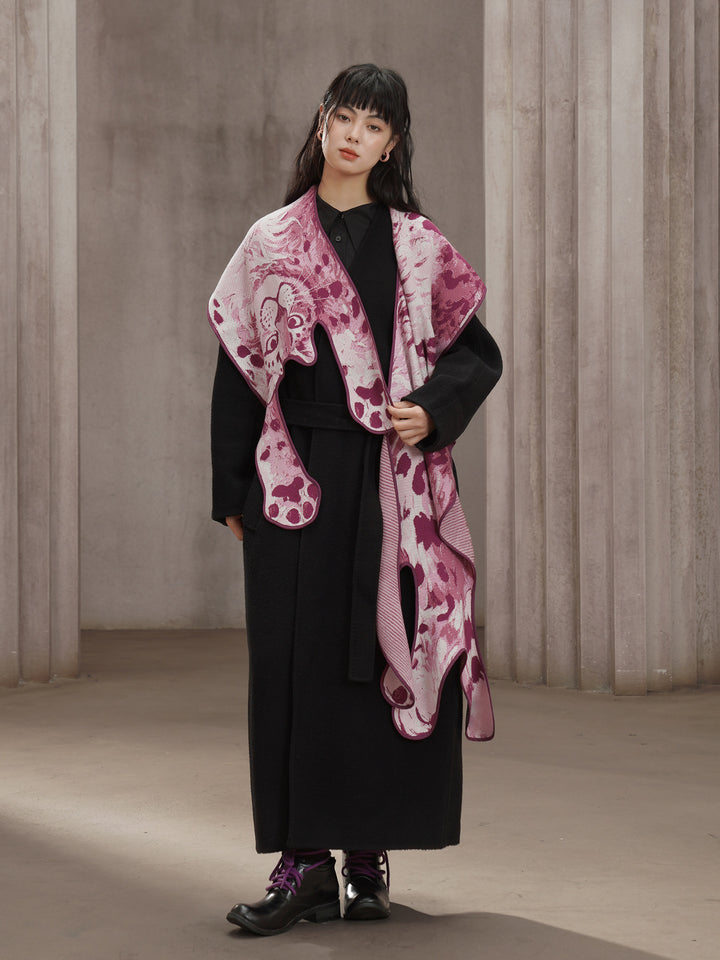 Pink Panther Blended Wool Big Shawl - Retro Knitted Animal Cape Scarf