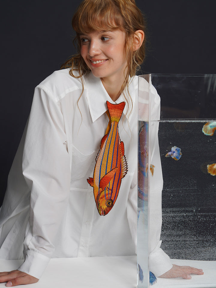 Original design: Embroidered fish series tie, retro and niche design, tie, women's personalized accessory