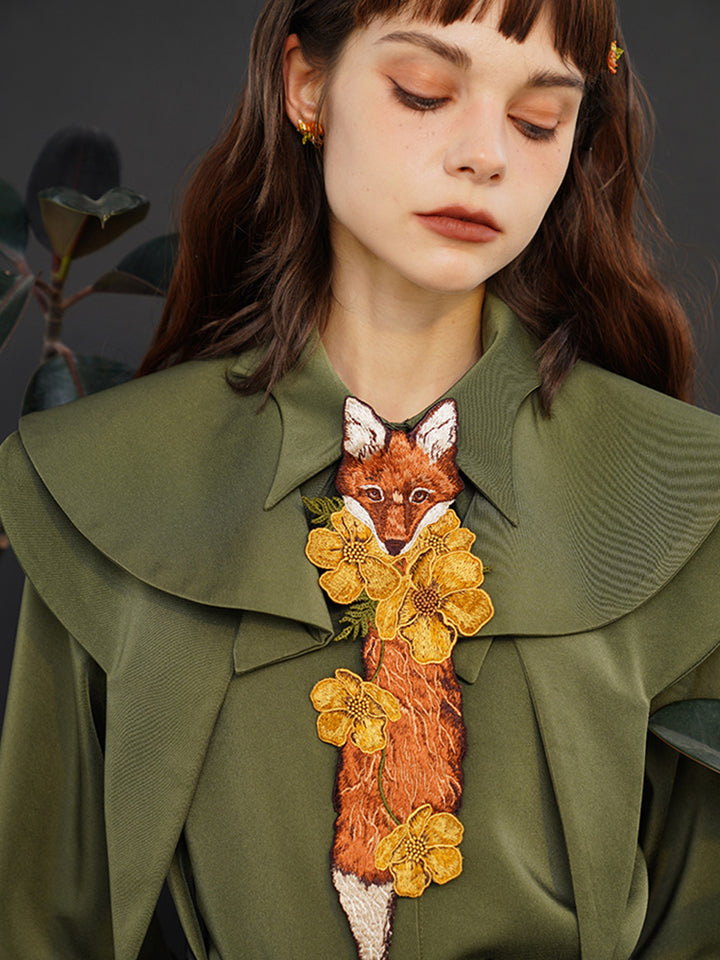 "Fox Tail" Embroidered Necktie - Vintage Flower Knot-Free Tie
