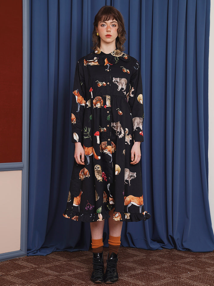 Original classical art style spring/summer dress with petal collar, retro illustration, animal print, long waist cinching skirt