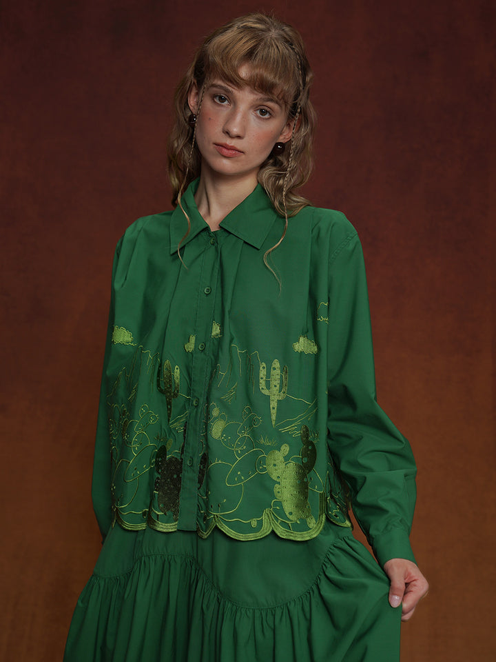 Original Design Women's Retro Pine Green Embroidered Shirt, Women's Relaxation, Niche Loose Top