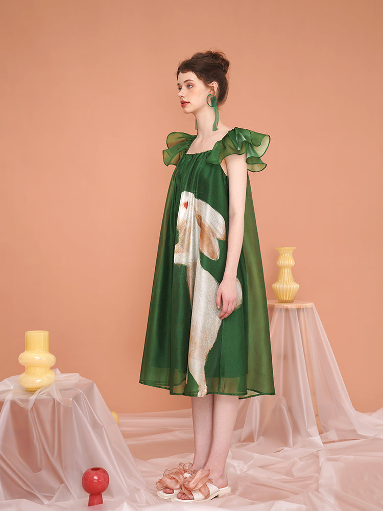 Whimsical Rabbit French Retro Dress - Romantic Flutter Sleeve Fairy Slimming Midi