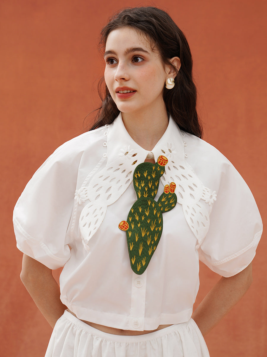 Desert Island Cactus Embroidery Tie, niche retro green knot free accessory gift, original by Kamo