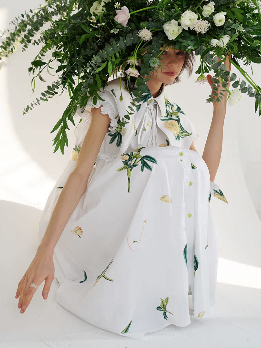 Original Early Spring French Romantic Plant Printed Tea Break Skirt for Palace Girls Retro Chic Dress for Women