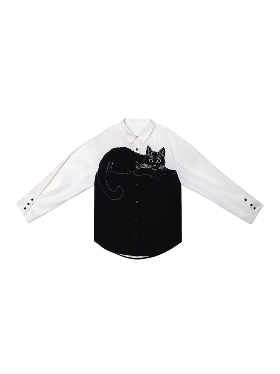 Camoooni Original design sense, contrasting color splicing shirt, niche long sleeved retro embroidered shirt, women's top