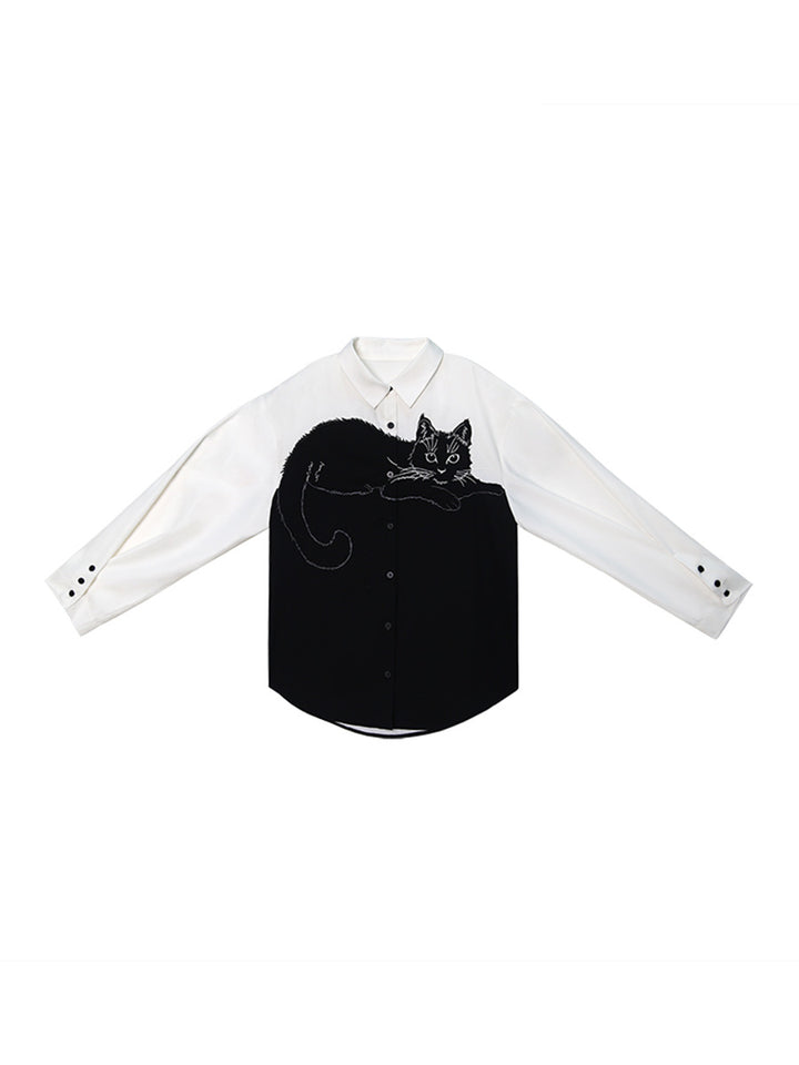 Camoooni Original design sense, contrasting color splicing shirt, niche long sleeved retro embroidered shirt, women's top