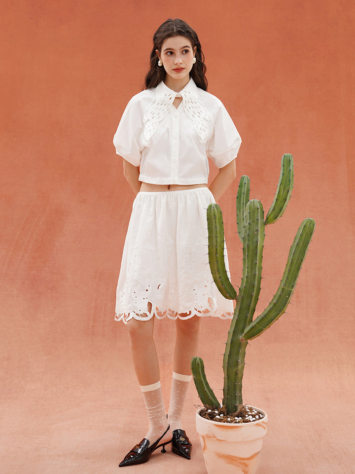 Original plant embroidery small V-neck hollow collar shirt wrinkle resistant breathable fabric short shirt versatile