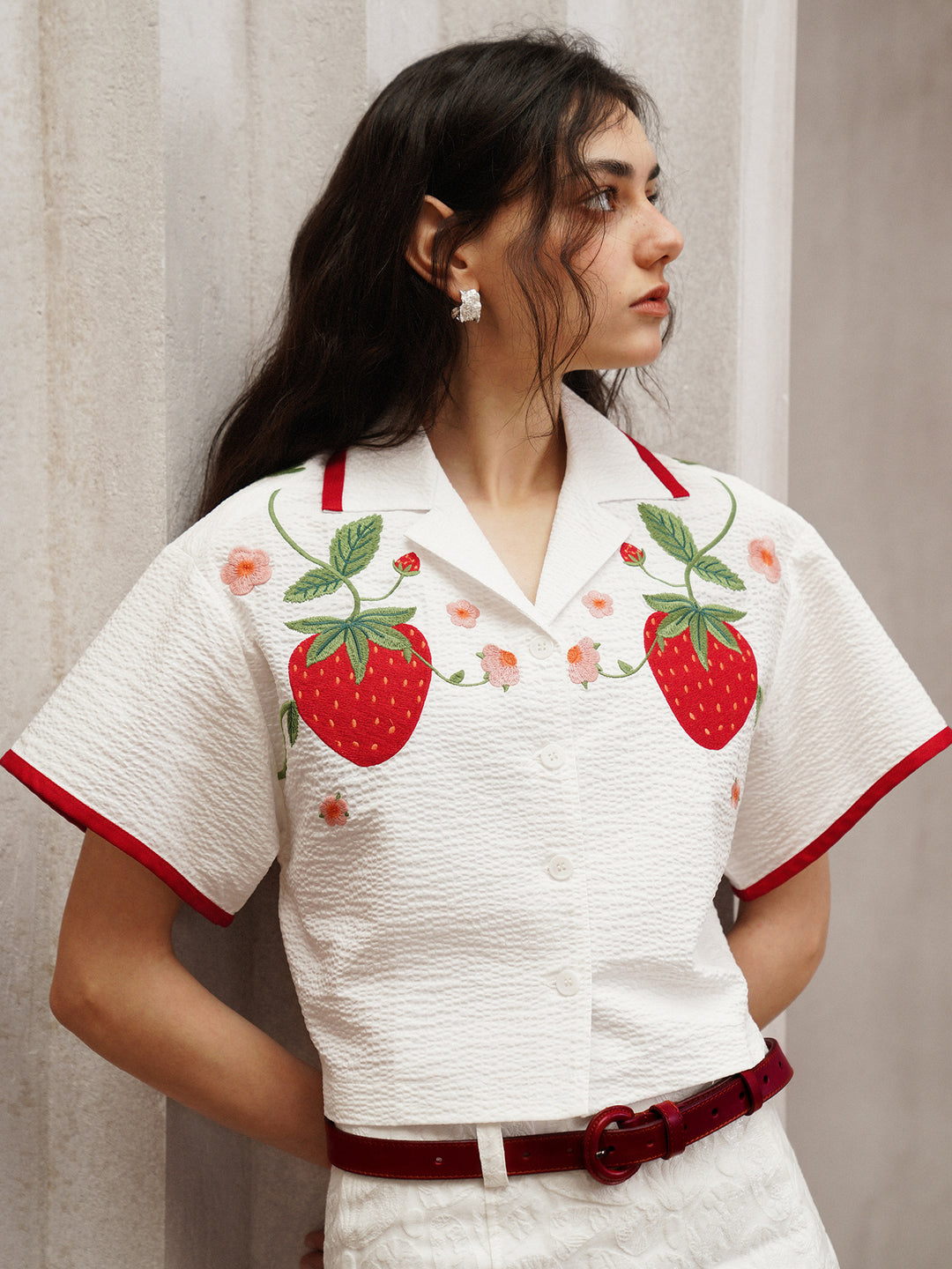 Strawberry Embroidered Cuban Collar Short-Sleeve Shirt