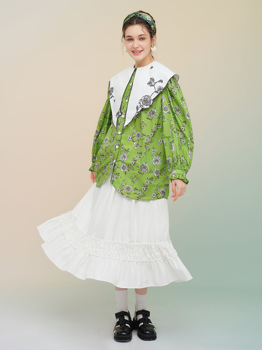 Original Green Rose French Retro Printed Shirt, Large Collar Top, Versatile Design, Women's Top