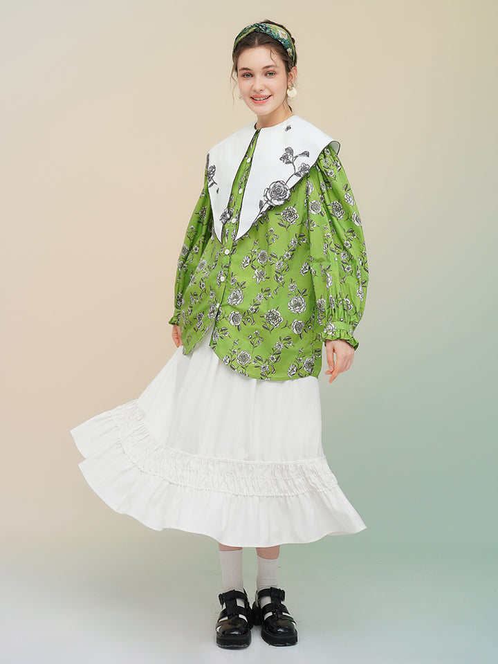 Original Green Rose French Retro Printed Shirt, Large Collar Top, Versatile Design, Women's Top