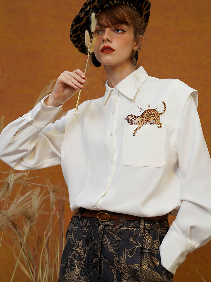 Original sleeved contrasting leopard shirt with artistic style retro spring top for women