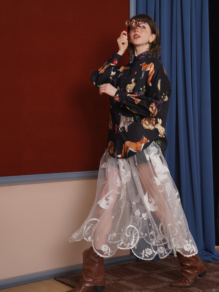 Original retro art shirt, classical hand-painted animal illustration printed top, casual spring and summer small shirt for women