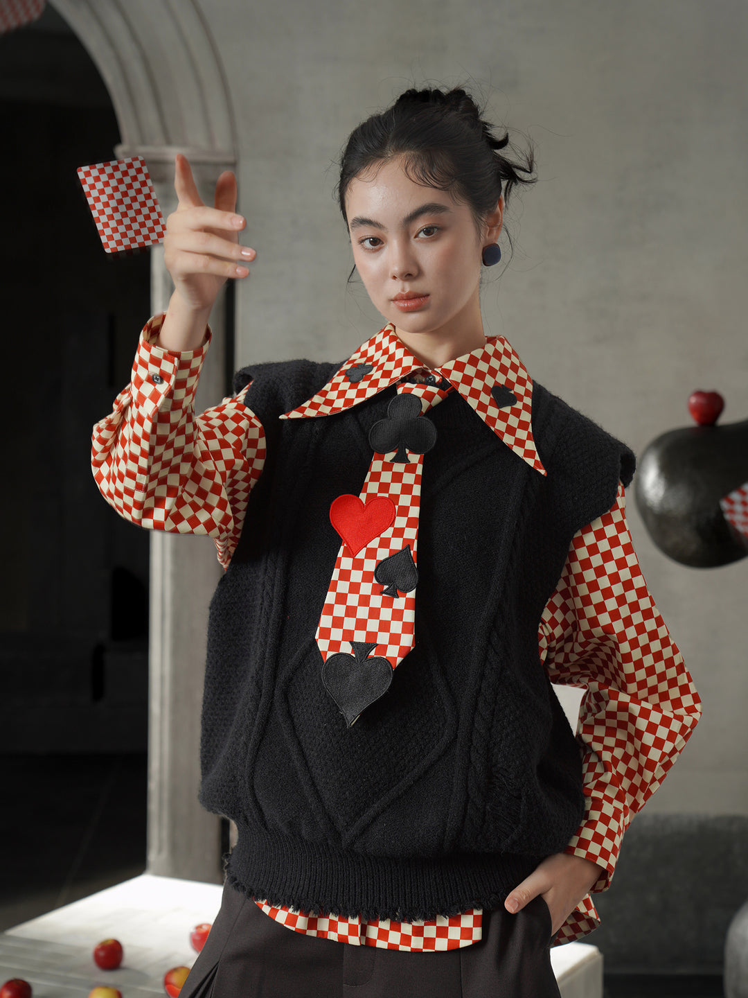 Vintage Red Diamond & Poker Embroidered Shirt | Preppy Style Lapel Blouse