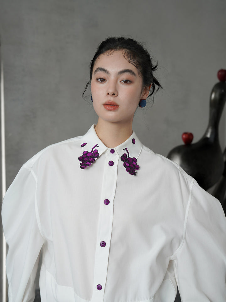 Vintage Grape Purple Embroidered Shirt | Contrast White Lapel Blouse