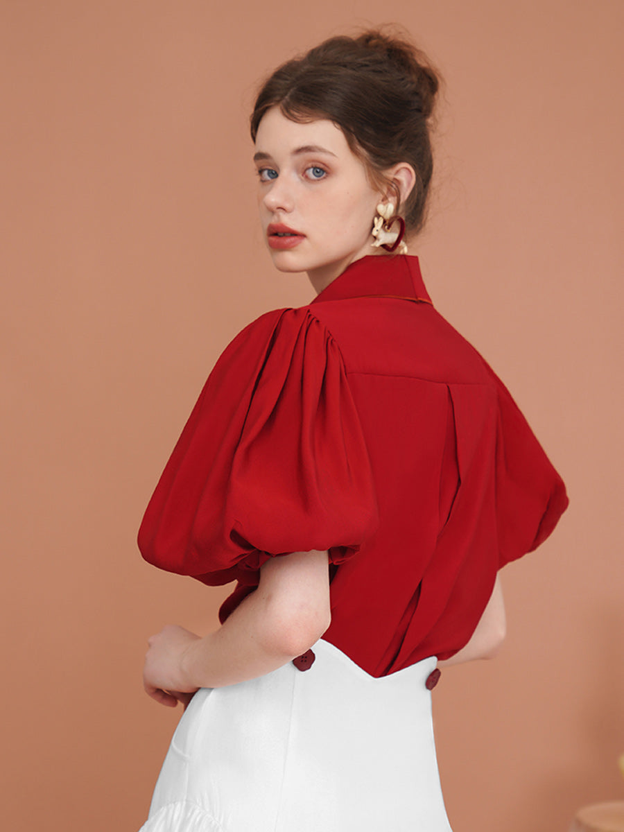 Original design sense, niche short sleeved red shirt, embroidered shirt, bubble sleeve shirt, women's retro top, summer