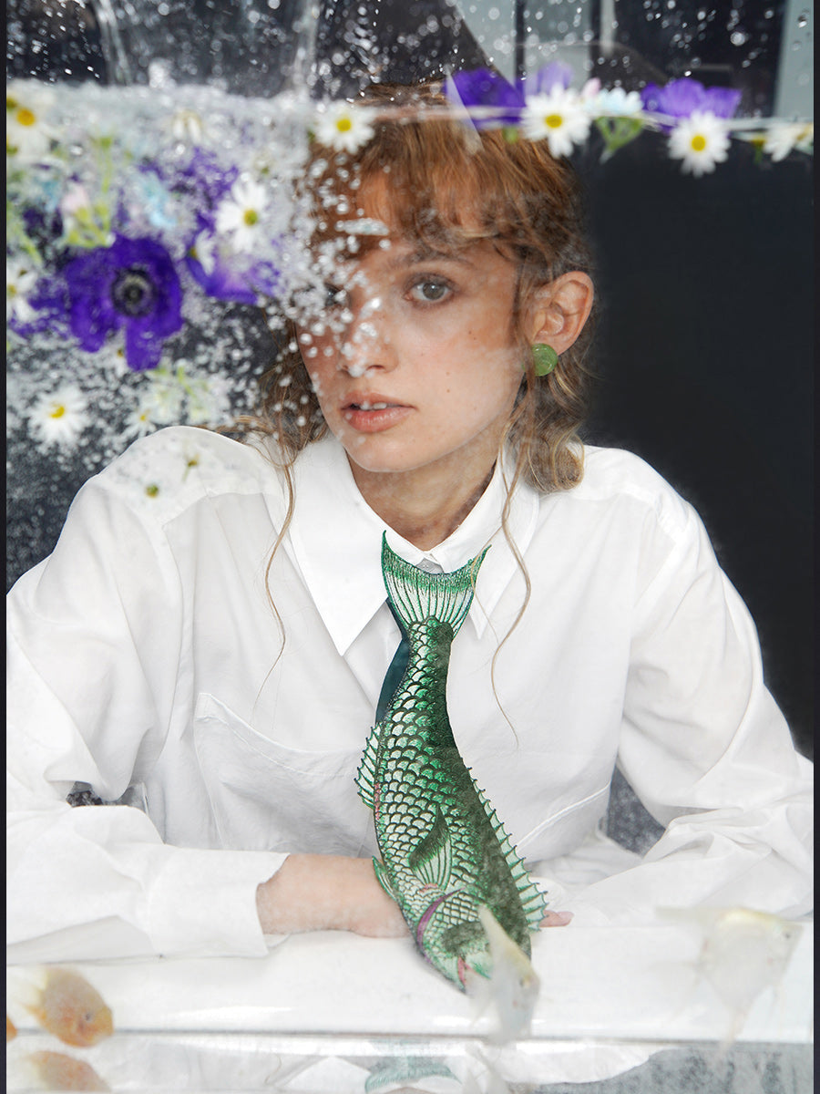 Original design: Embroidered fish series tie, retro and niche design, tie, women's personalized accessory