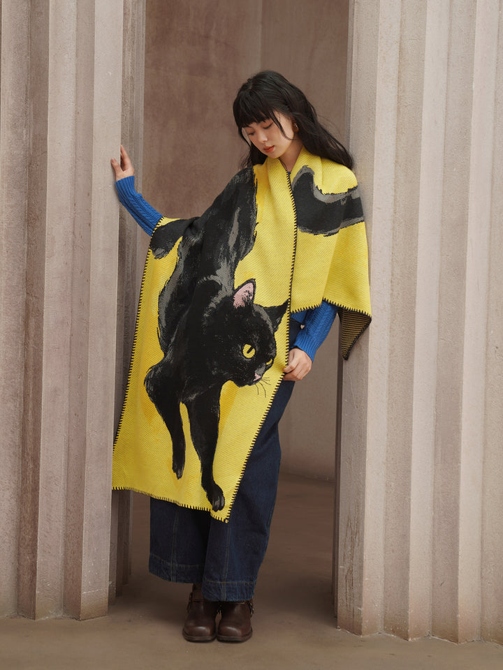 Midnight Feline  Chunky Shawl - Original Wool Blend Black Cat Knitted Scarf