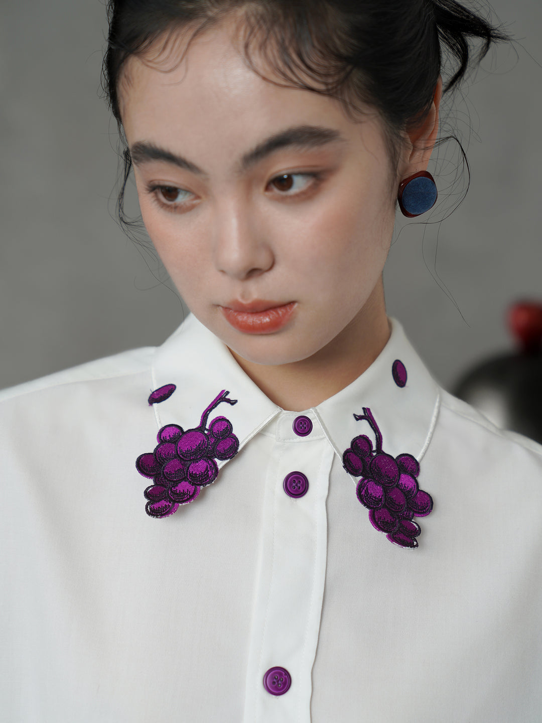 Vintage Grape Purple Embroidered Shirt | Contrast White Lapel Blouse