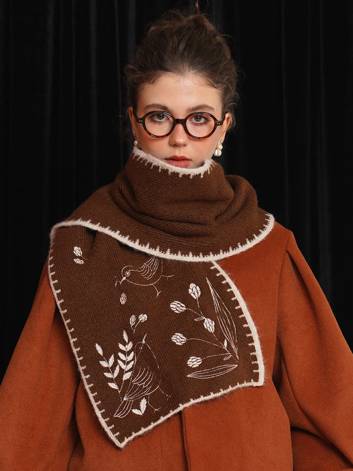 Original Retro Forest Embroidered Scarf Thickened Soft Sticky Skin friendly Shawl Warm Classic Deep Brown Gift