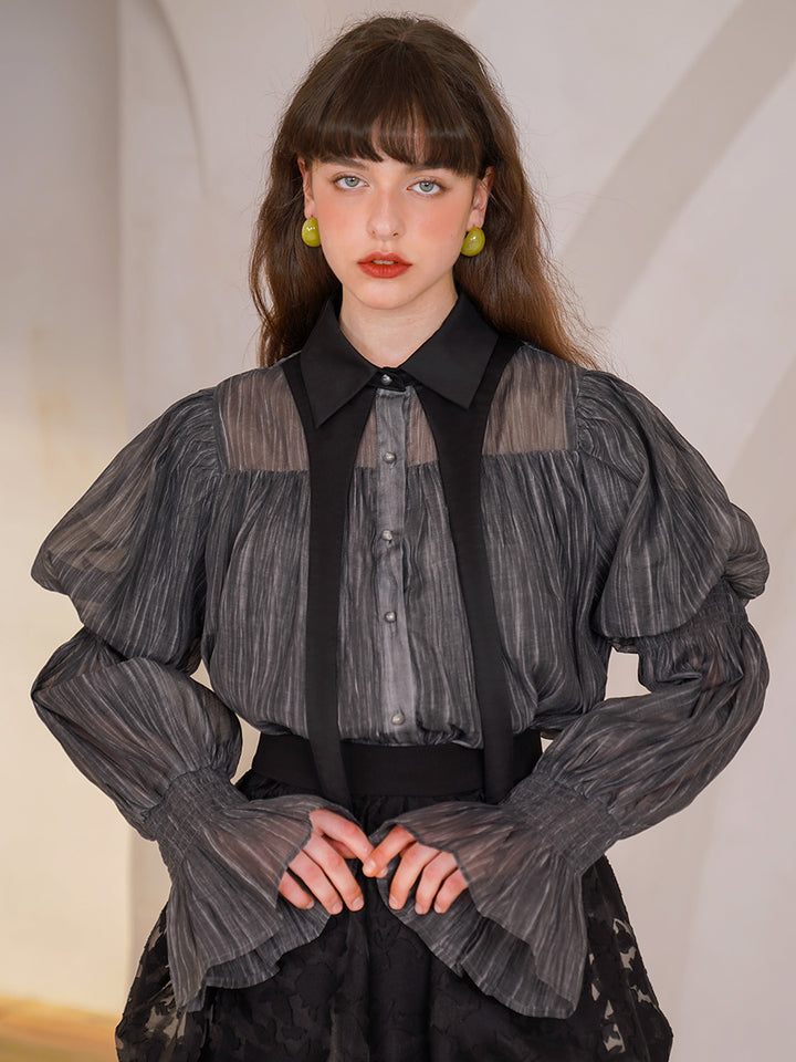 Original design collar shirt niche elegant black classic bubble sleeve spring/summer new long sleeved shirt for women