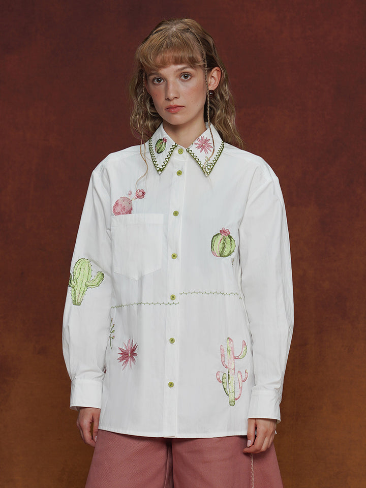 Original design, niche retro shirt, heavy embroidery long sleeved women's Cuban collar loose top