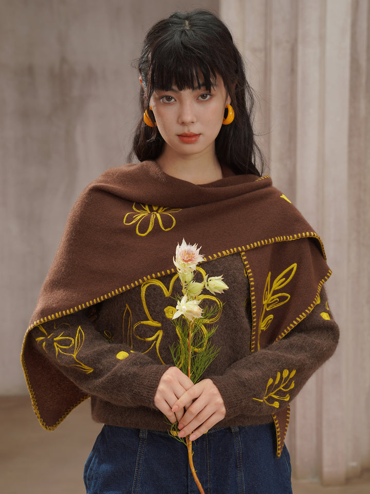 Vintage Manor Flower Shawl - Original Warm Brown Pure Wool Embroidered Scarf