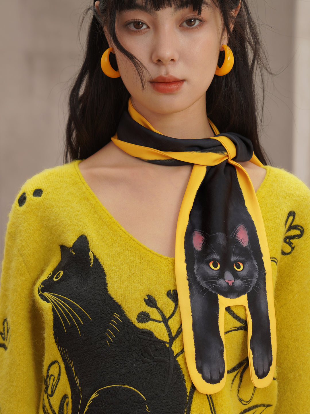 Original Little Black Cat Printed Silk Scarf Smooth Skin friendly Women's Accessories Scarf Personalized Neck Protection Bright Yellow Scarf