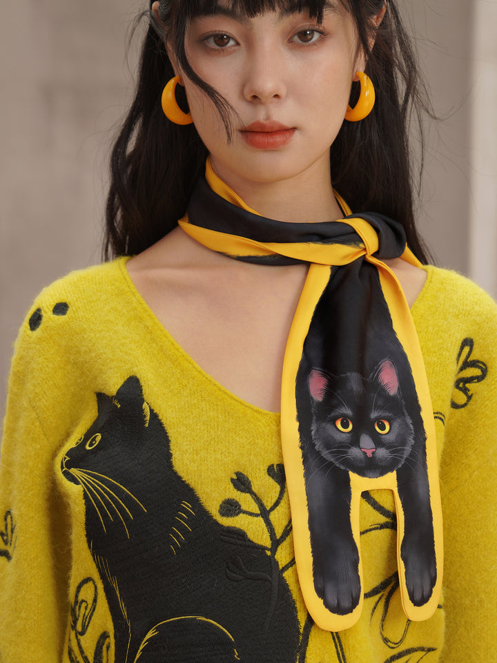 Original Little Black Cat Printed Silk Scarf Smooth Skin friendly Women's Accessories Scarf Personalized Neck Protection Bright Yellow Scarf