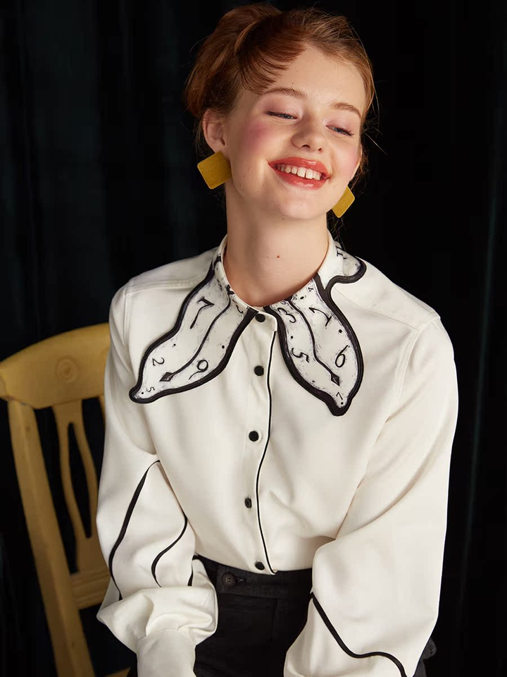 Early Autumn Original Design Time Passes Printed Embroidery Clock Collar Design Sense Niche Black and White Shirt for Women