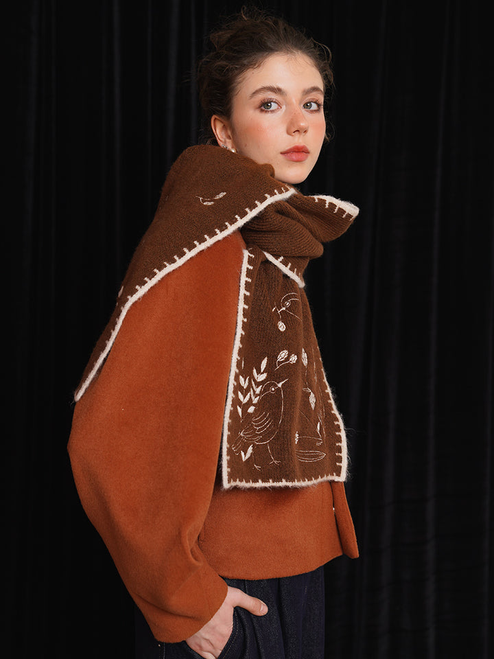 Original Retro Forest Embroidered Scarf Thickened Soft Sticky Skin friendly Shawl Warm Classic Deep Brown Gift