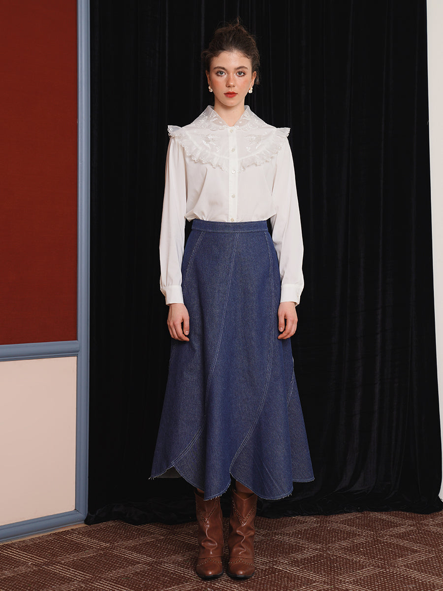 Original double-layer lace embroidered collar shirt French romantic spring/summer white top intellectual retro winter interior