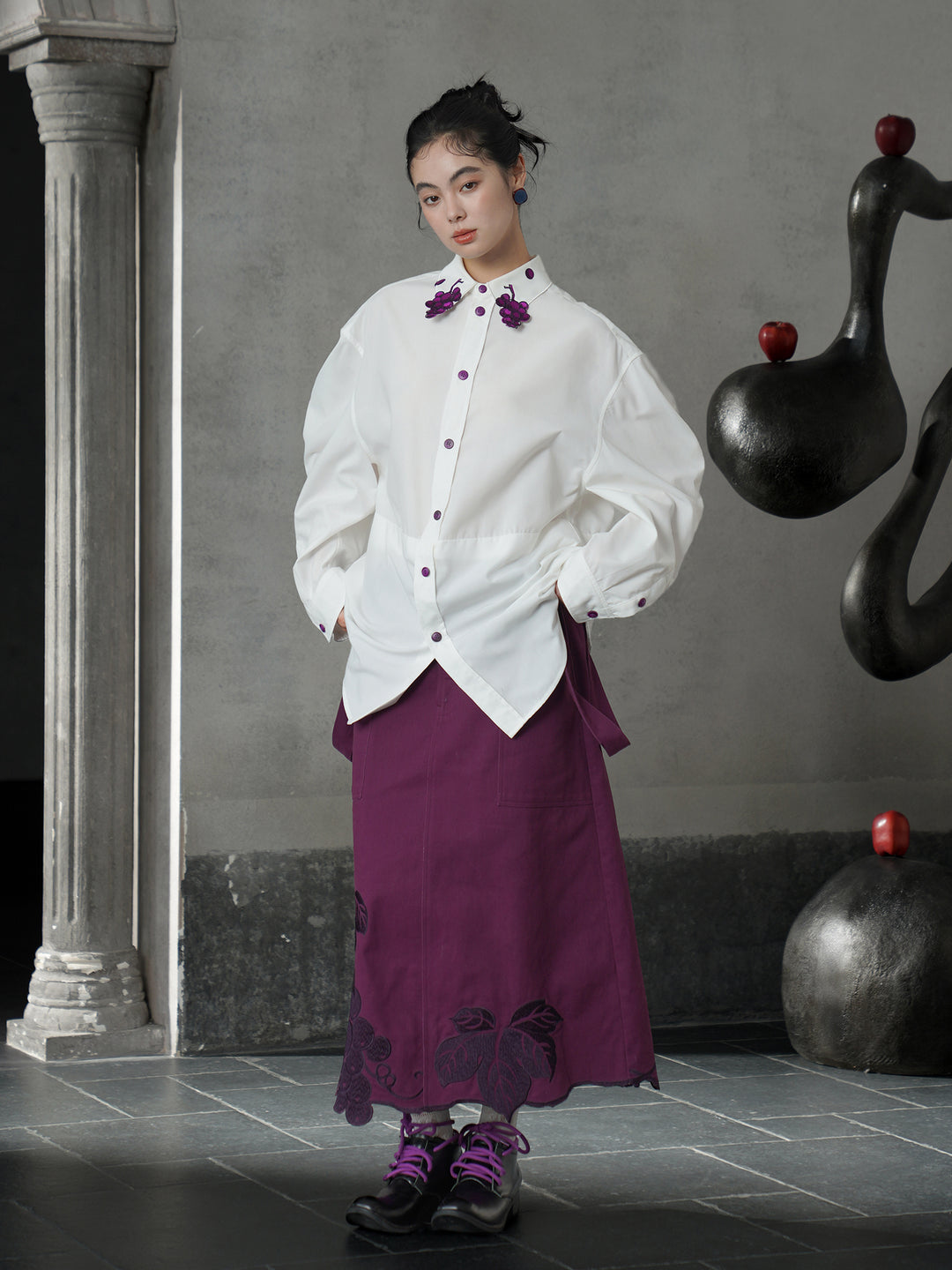 Vintage Grape Purple Embroidered Shirt | Contrast White Lapel Blouse