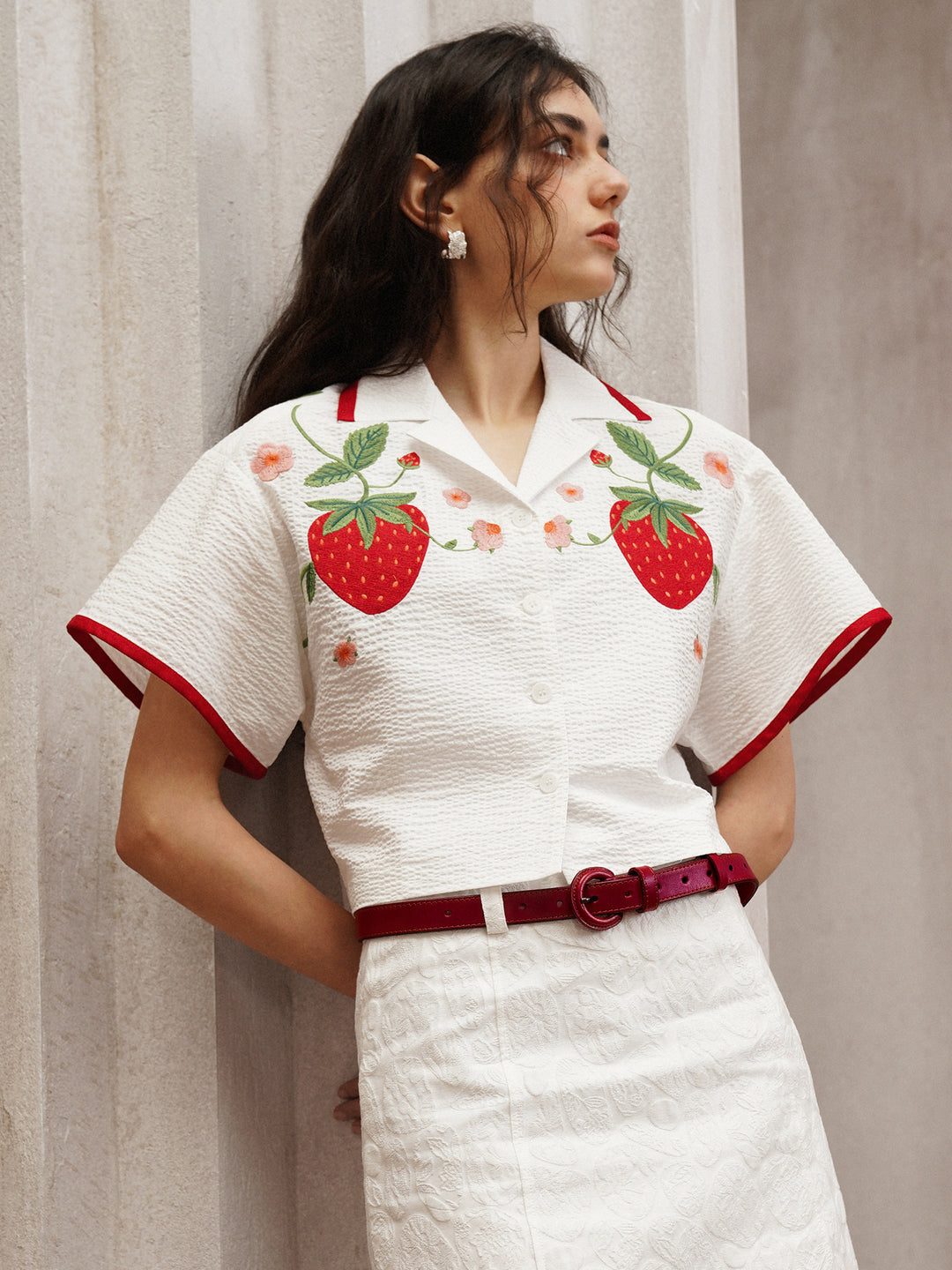 Strawberry Embroidered Cuban Collar Short-Sleeve Shirt