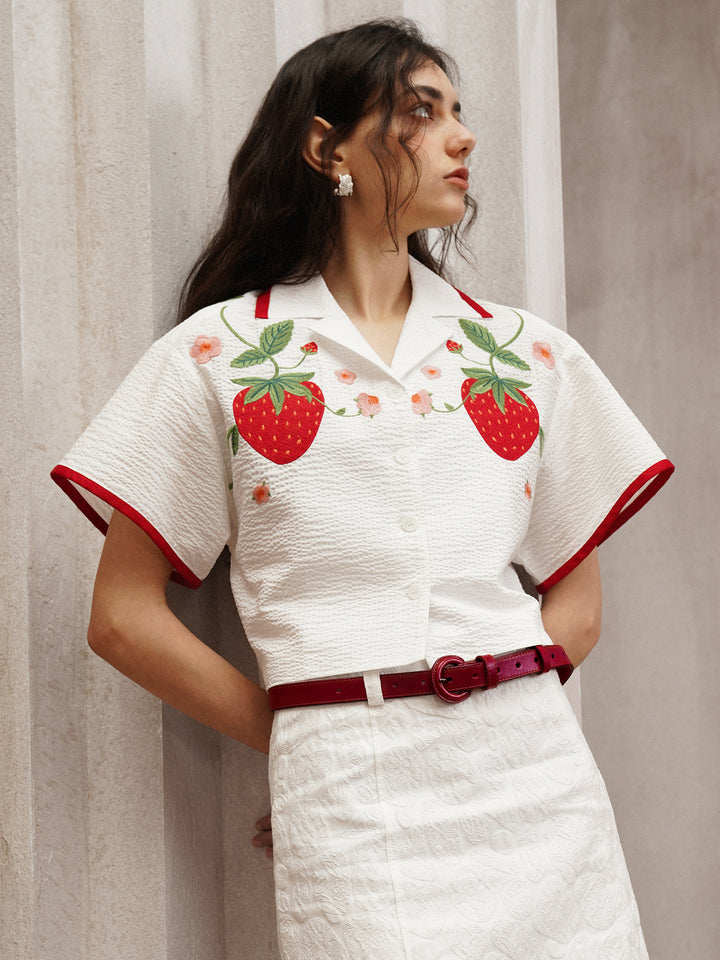 Strawberry Embroidered Cuban Collar Short-Sleeve Shirt