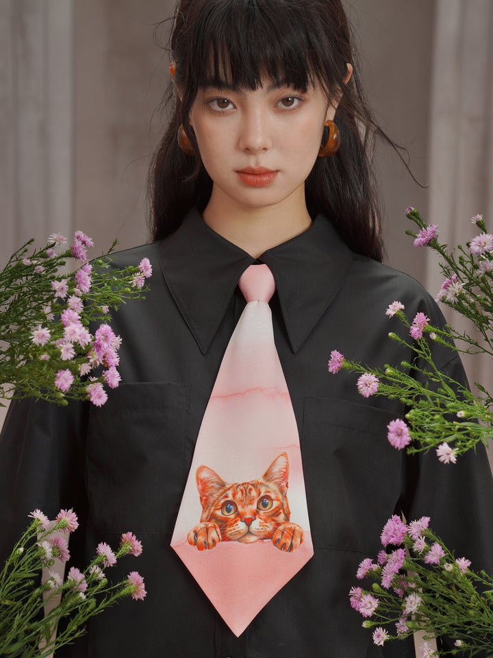 Original Black Cat Retro Printed Tie Yellow Short Arrow Shaped Accessory Women's New Product Tie Gift