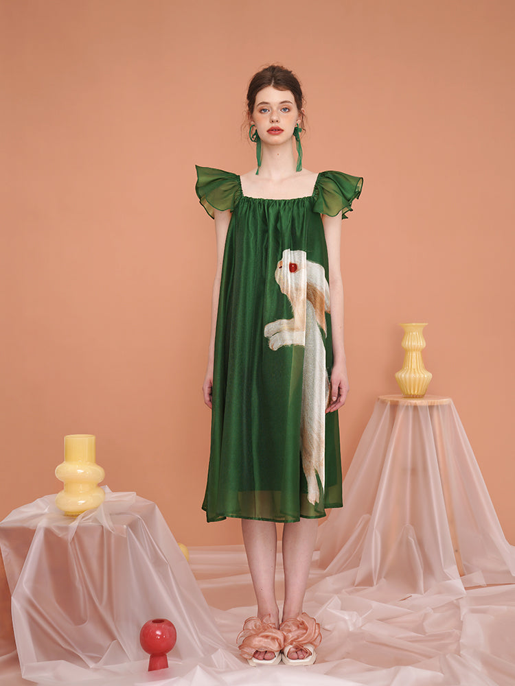 Whimsical Rabbit French Retro Dress - Romantic Flutter Sleeve Fairy Slimming Midi