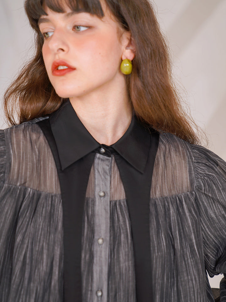 Original design collar shirt niche elegant black classic bubble sleeve spring/summer new long sleeved shirt for women