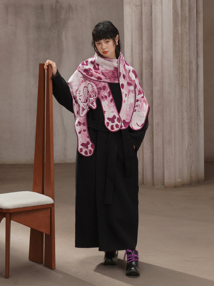 Pink Panther Blended Wool Big Shawl - Retro Knitted Animal Cape Scarf