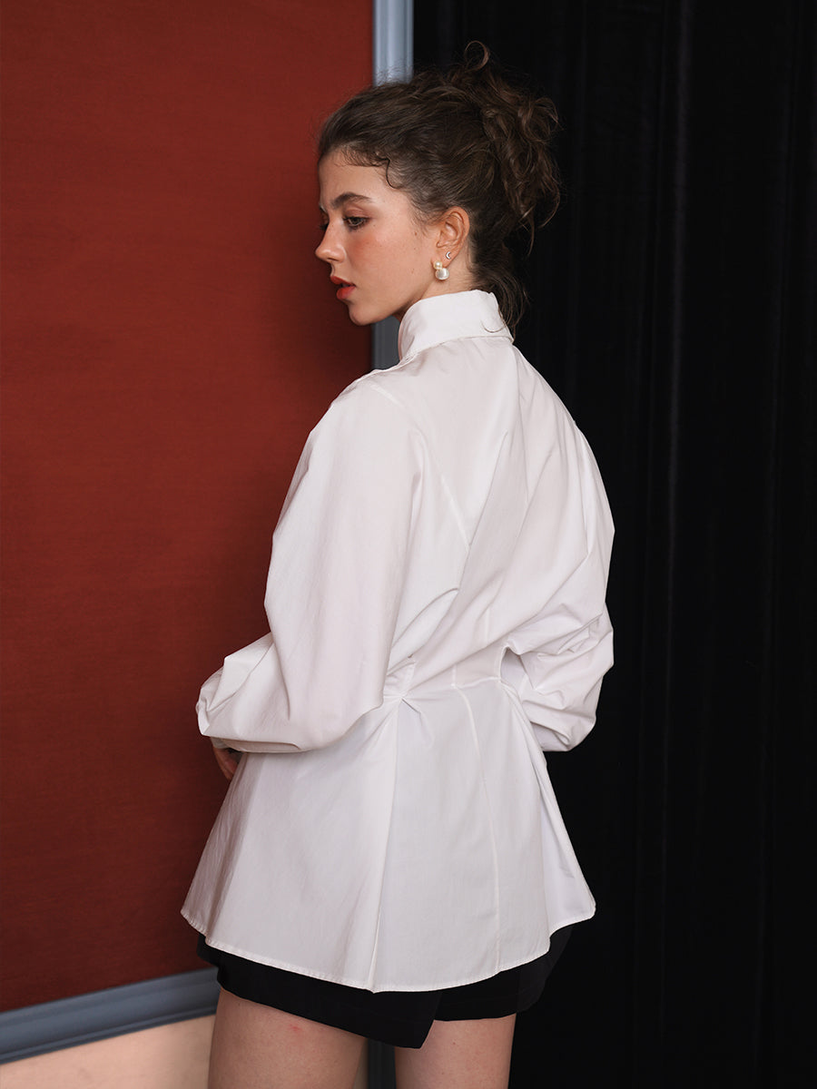 High end waist cinched shirt with stand cut design, fashionable commuting, niche sense, top designer, slimming women's clothing, winter