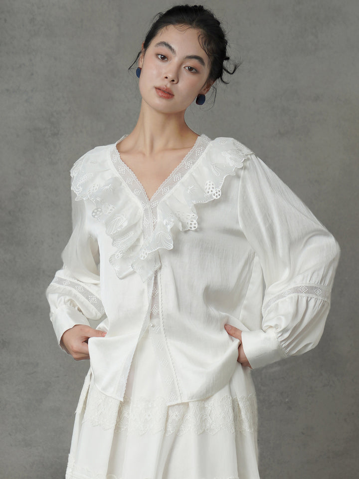French V-Neck Embroidered Stand Collar Shirt | Romantic Girly Blouse