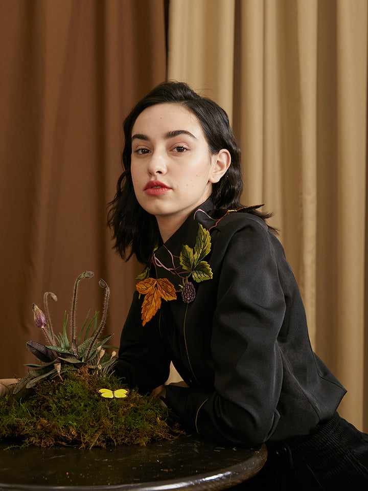 Leaf French Shirt - Original Embroidered Collar Retro Batwing Sleeve Top