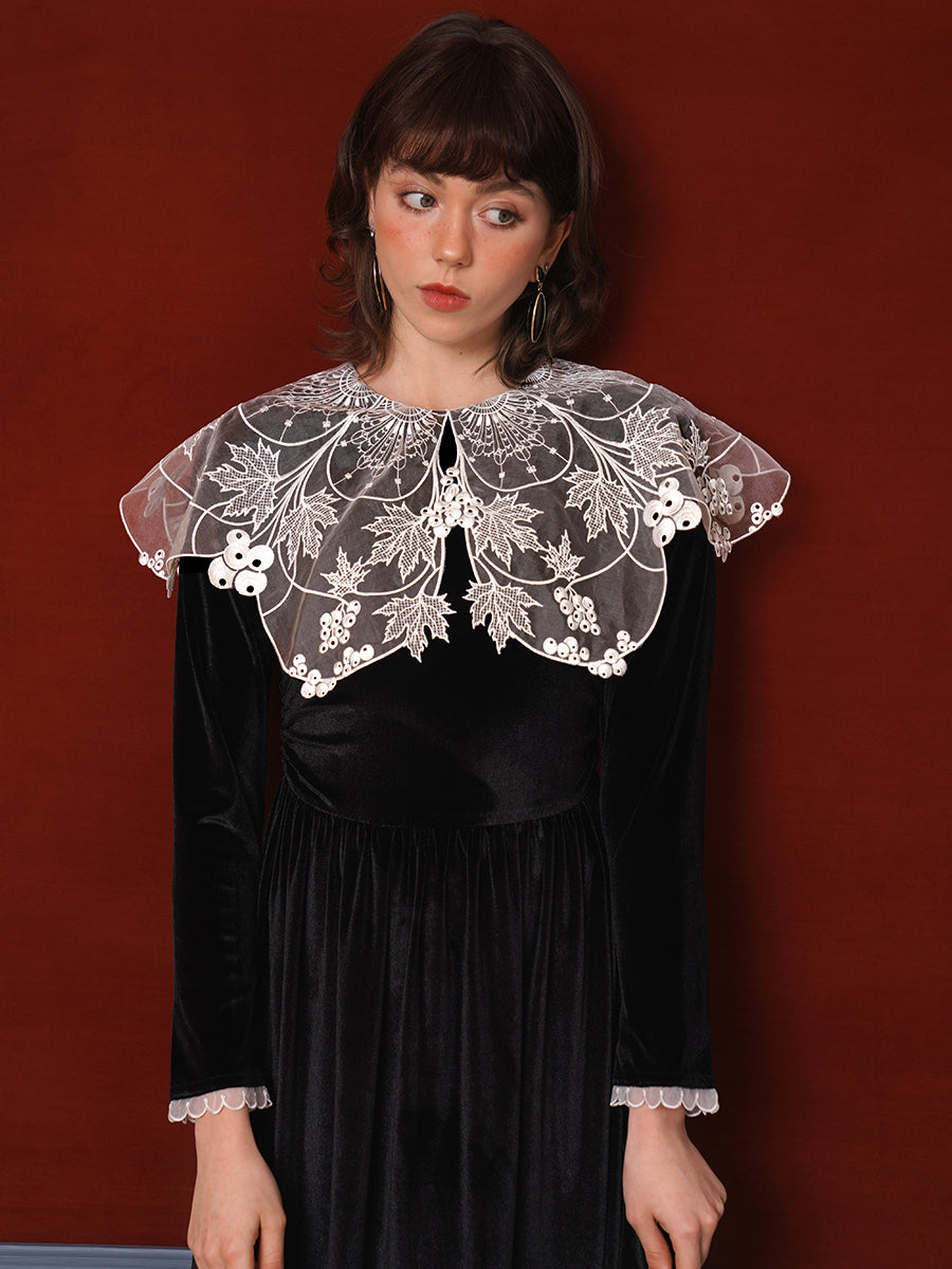 Original French retro black velvet dress embroidered with a large lapel design, high-end and slim fit dress