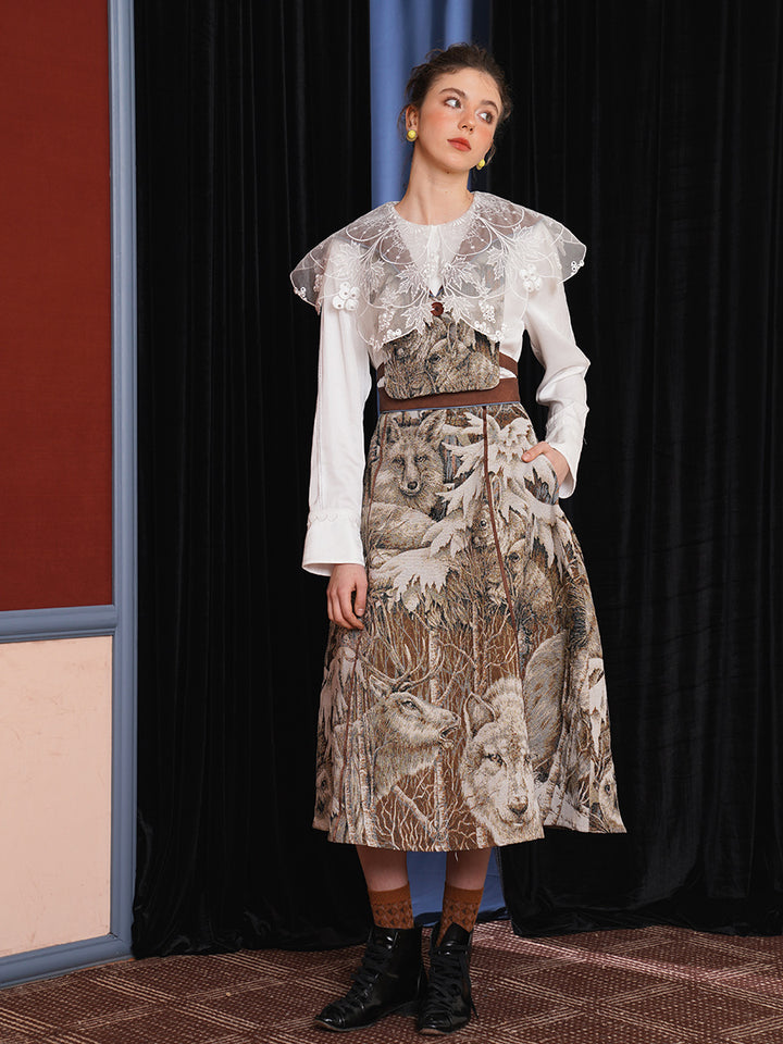 Original Jungle Animal Jacquard Half Skirt 2024 New Chinese Retro Umbrella Skirt Women's Set Winter Women's Skirt