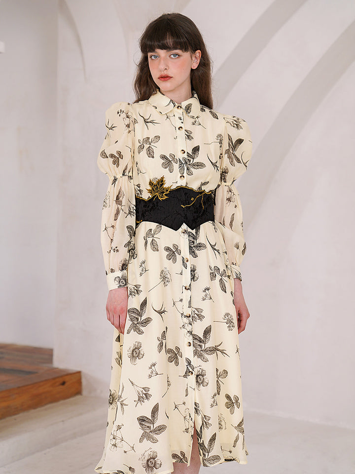 Original French retro plant print long sleeved dress for women with light apricot temperament, slimming commuting dress