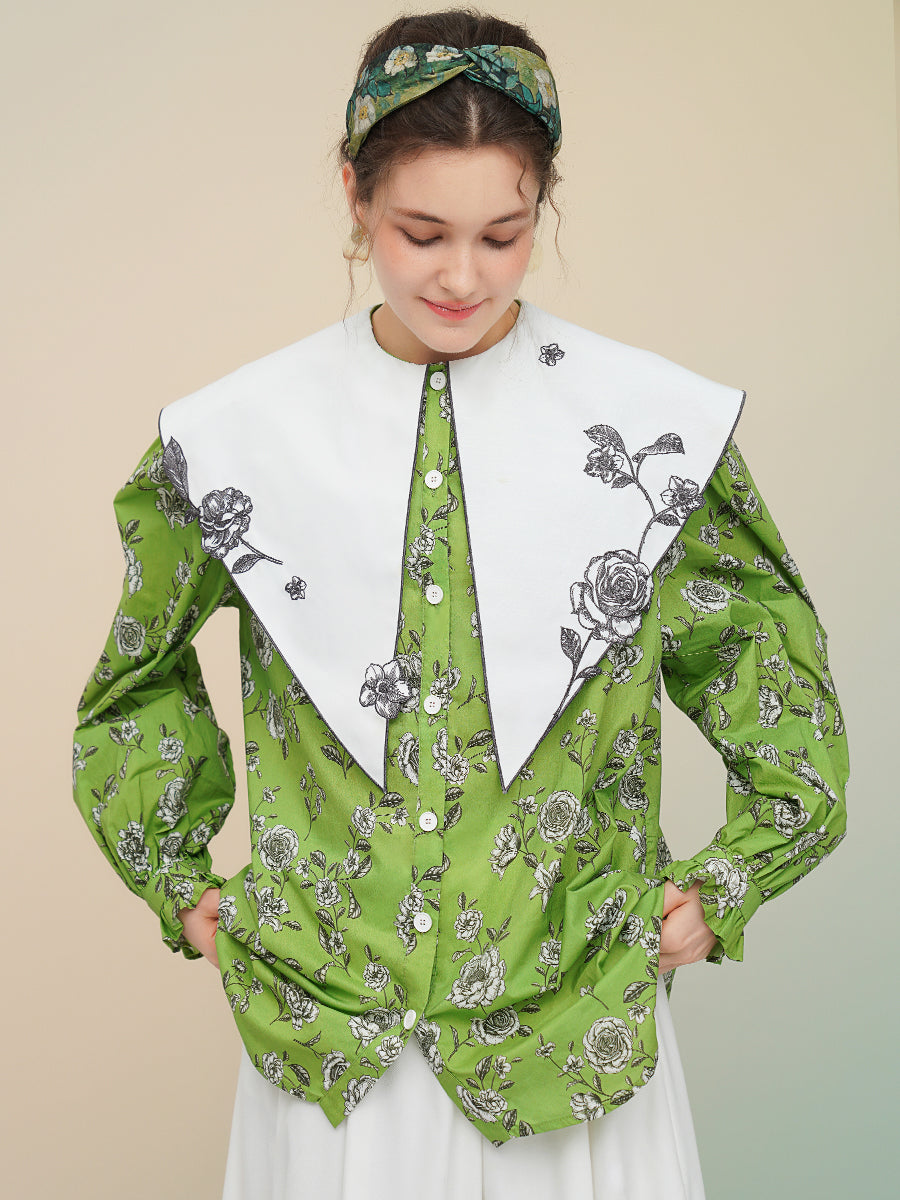 Original Green Rose French Retro Printed Shirt, Large Collar Top, Versatile Design, Women's Top