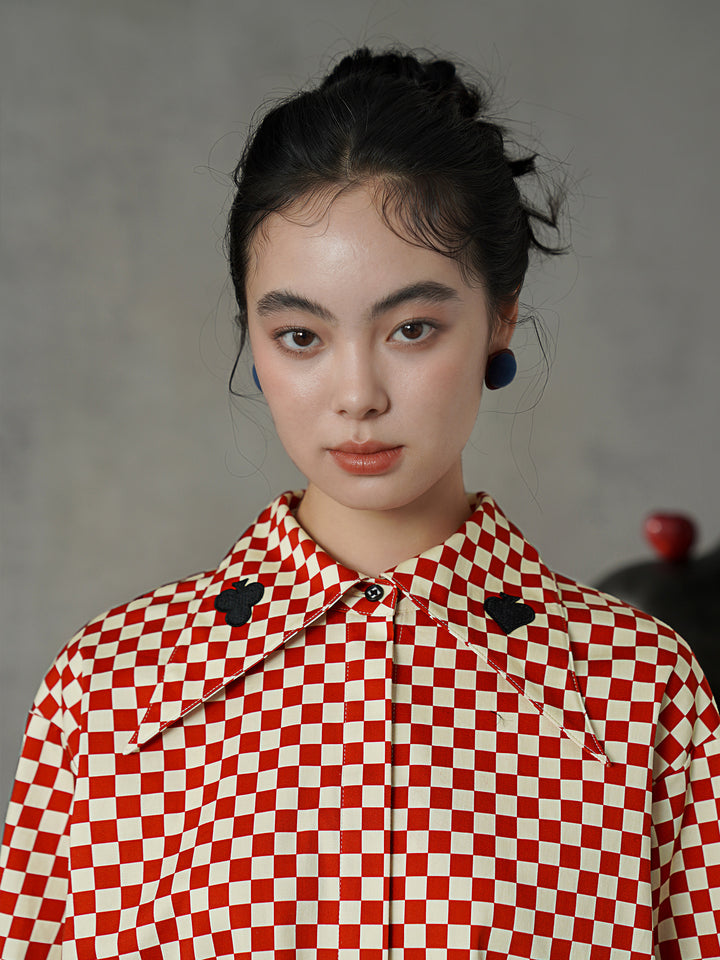 Vintage Red Diamond & Poker Embroidered Shirt | Preppy Style Lapel Blouse